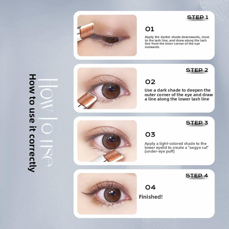 Ein dreifarbiger Lidschattenstift mit Farbverlauf für einen faulen Anfänger kann mit einem Strich einen feinen, perlmuttartigen und erdtonfarbenen Lidschatten erzeugen.