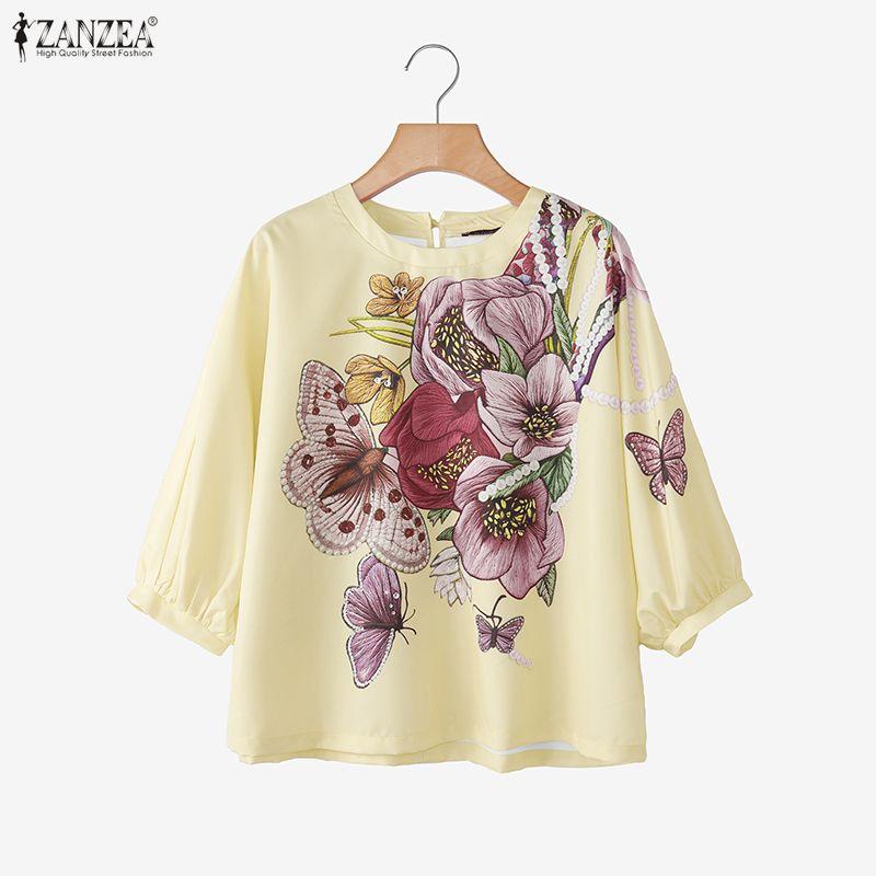 ZANZEA Women Casual Round Neck 3/4 Sleeve Loose Print Blouse