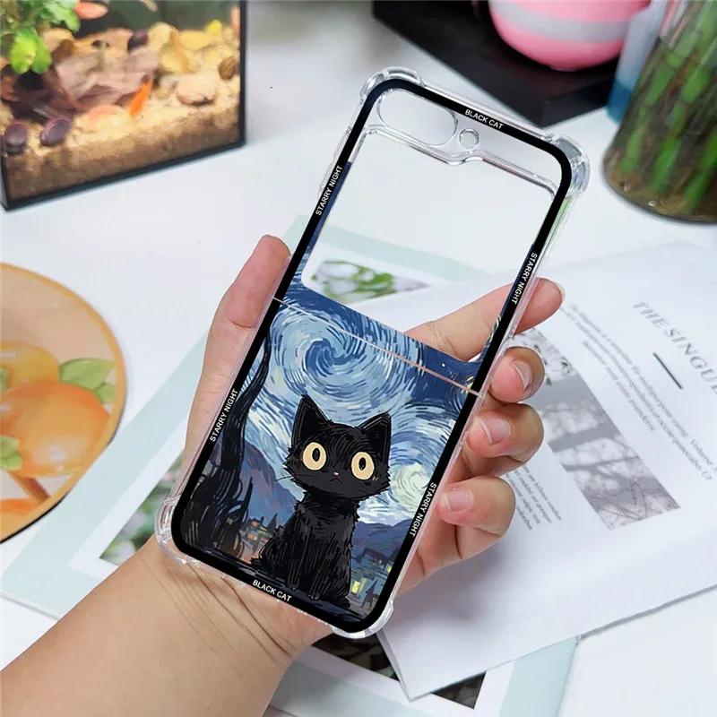 Artistic Black Cat Starry Night Phone Case For Samsung Galaxy Z Flip 6 5 4 3 5G Shockproof Cover For Samsung ZFlip3 Flip4 ZFlip5