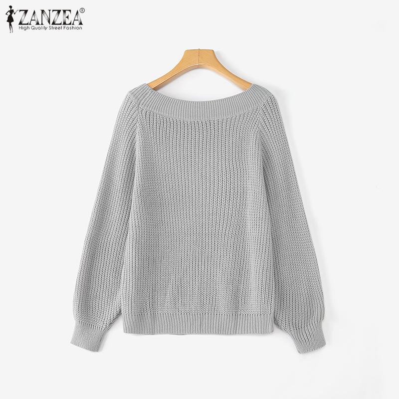 ZANZEA Autumn Winter Women Off Shoulder Long Sleeve Knitted Hollow Sweater Jumper Pullovers