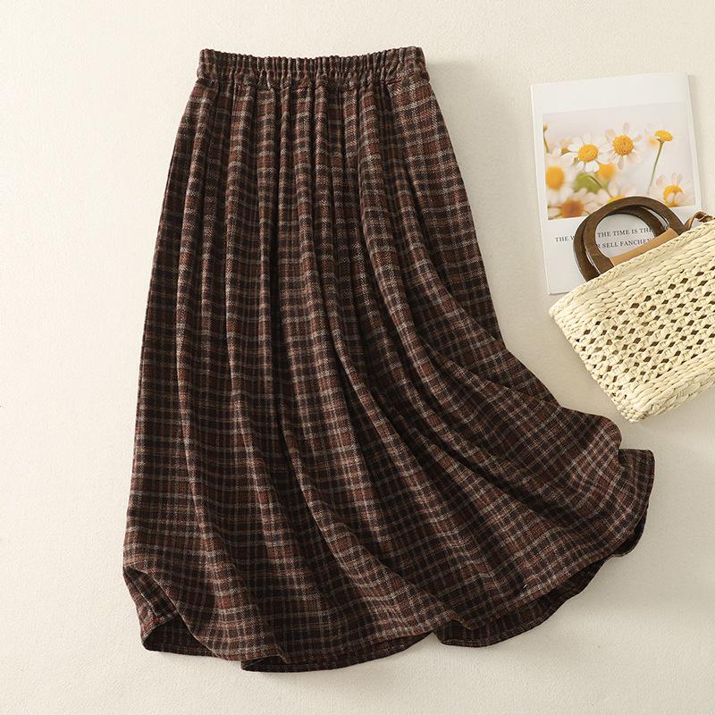 Wool Blend Elastic Waist Plaid Midi Skirt - Retro A-line for Autumn/Winter 2025