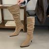 Pile boots pointed high-heeled boots women's suede pleated high boots khaki spring and autumn single boots boots