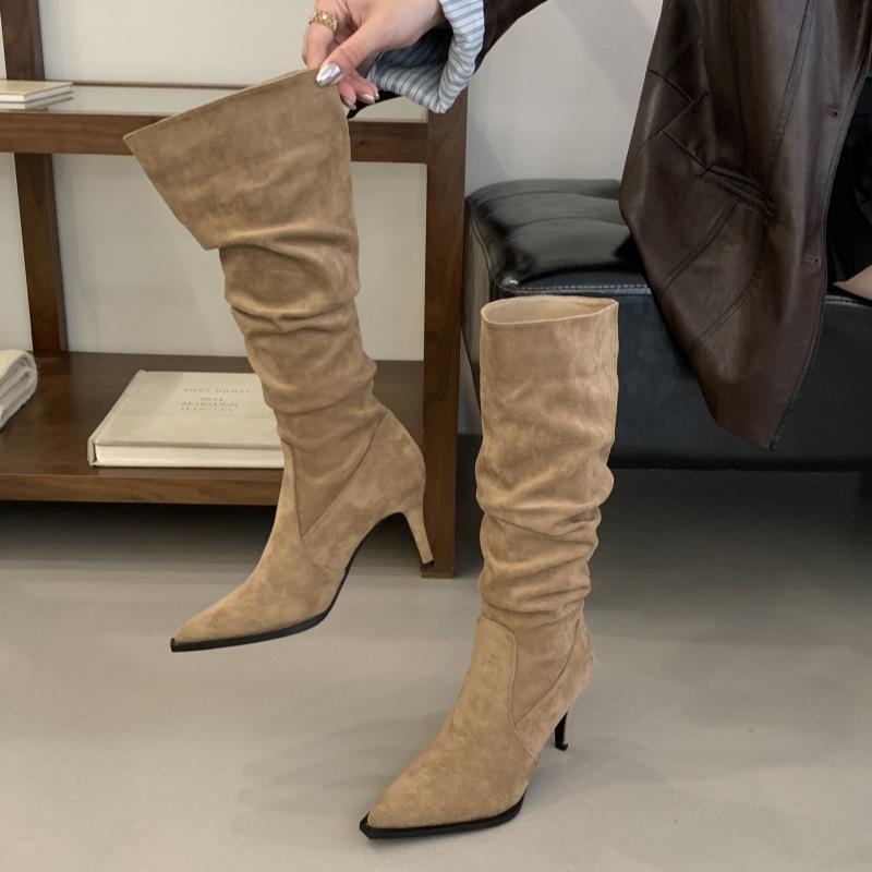 Pile boots pointed high-heeled boots women's suede pleated high boots khaki spring and autumn single boots boots