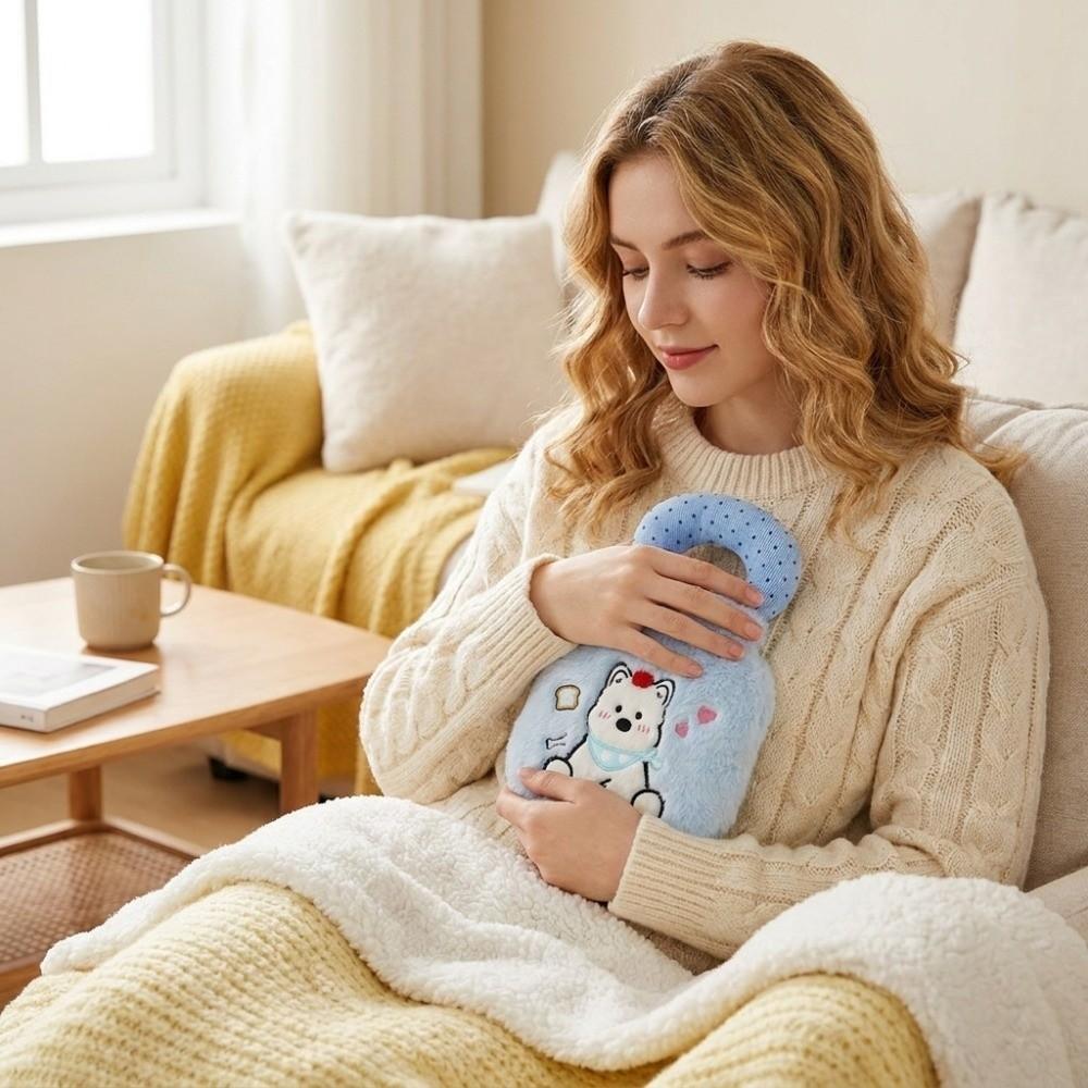 Plush Cartoon Hand Warmers Dog Embroidery Hot Water Bag Portable Water-filling Bottle Female
