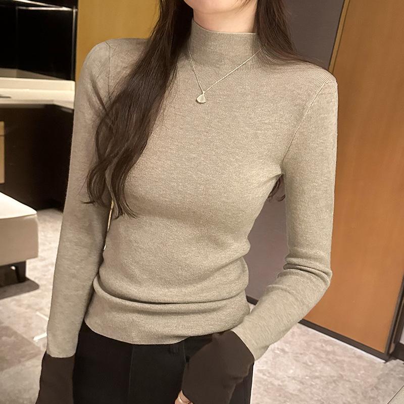 Designed Contrasting Half-high Collar Long-sleeved Sweater for Women In Autumn and Winter New Style Slimming and Temperament Inner Layering Top