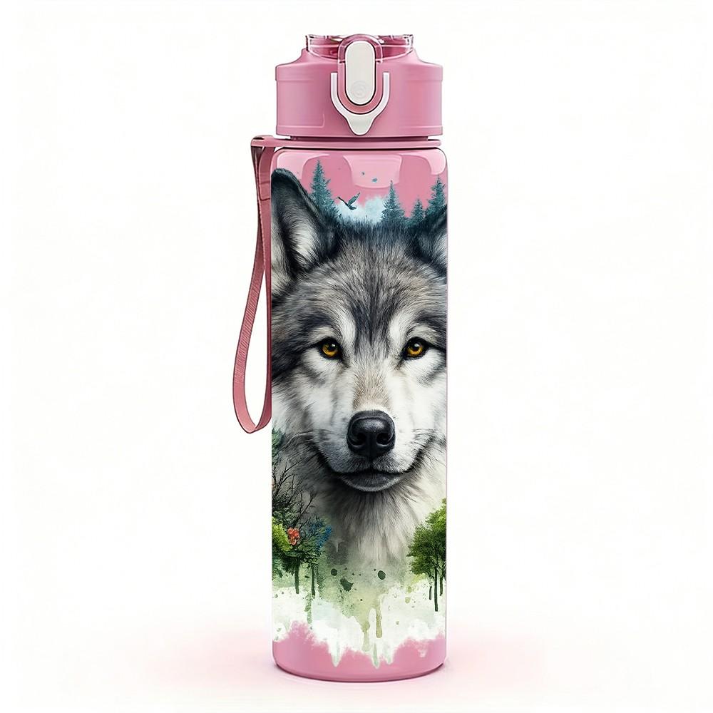 1PC Wild Wolf Winter Animal Portrait 750ml Color Plastic Sports Water Bottle Leakproof Flip Straw Lid Suitable for Sports Office Home Use