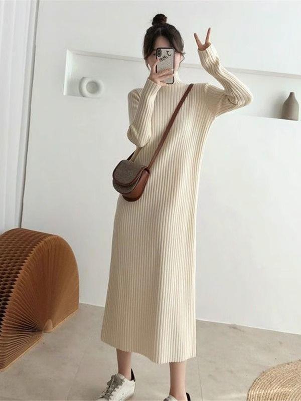 Women's Mid-Length Wool Knit Dress - Loose, Long Sleeve, Half-High Collar, Perfect for Layering Under Coats, Autumn & Winter Wear.