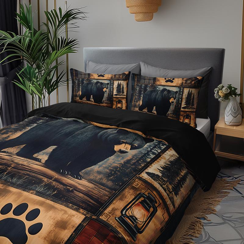 3pcs Black Bear Cabin Patchwork Bedding Duvet Cover Set Wilderness Black Bear Bedding Quilt Set Rustic Cabin Themed Bed
