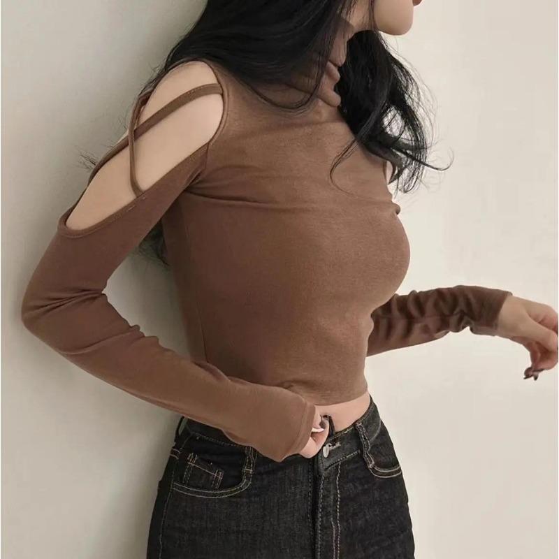 Sexy off Shoulder-topp Langermet, Tight, Hollow Out Høyhalset Underlag Kort T-skjorte Slim Fit