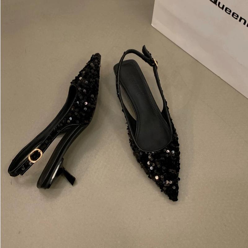 Fashion SUOJIALUN 2025 New Bling Women Sandal Fashion Pointed Toe Shallow Slip On Ladies Elegant Slingback Shoes Med Heel Pumps Shoes