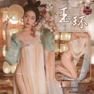 Modern Plus Size Hanfu Pajama Set: Women's Sexy Chiffon Gauze Nightgown with Ancient Dudou Design