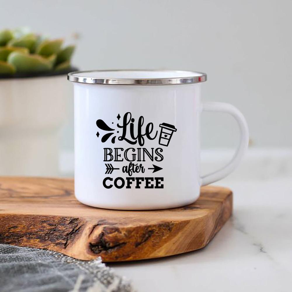 Life Begins After Coffee Print Mugs Creative Enamel Mug Home Office Coffee Tea Cups Camping Bonfire Beer Drink Cocoa Mug Gifts