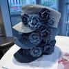 Adjustable Denim Camellia Beret Hat Artistic Painter Caps Vintage Flower Flat Top Hat  Lady