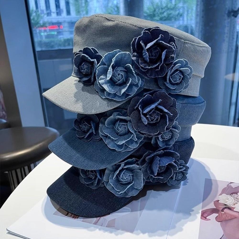 Adjustable Denim Camellia Beret Hat Artistic Painter Caps Vintage Flower Flat Top Hat  Lady