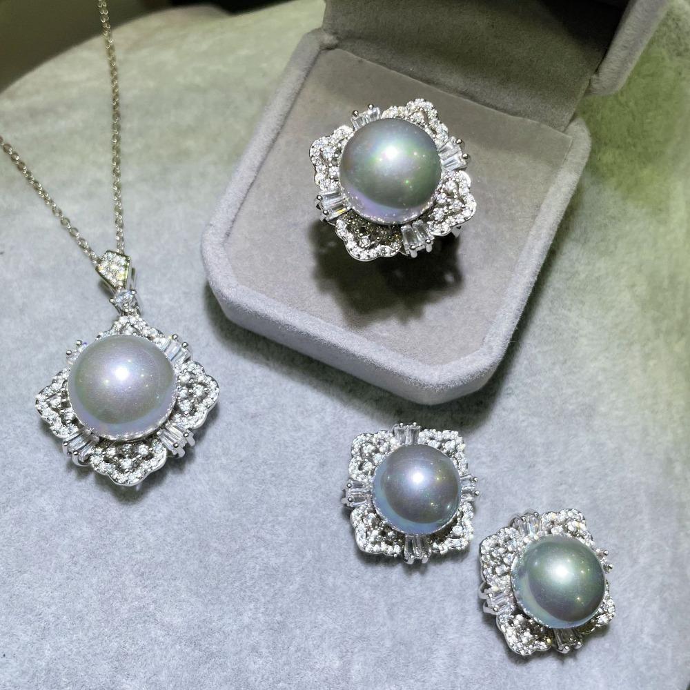

Women Jewelry Set French Vintage Style Faux Tahitian Pearl Necklace Pendant Earrings Ring Elegant Sophisticated
