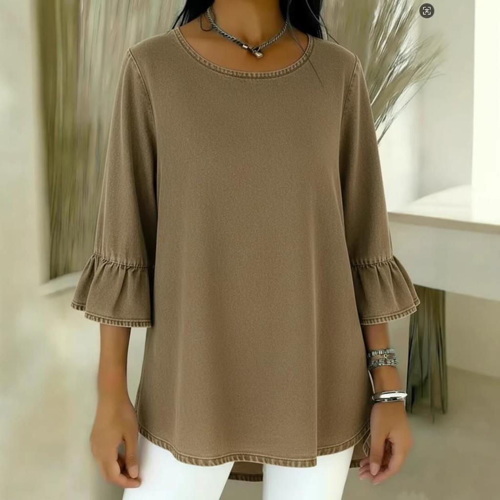 Spring Summer Casual Women's Crew Neck T-shirt Flounce Sleeve 3/4 Sleeve Top