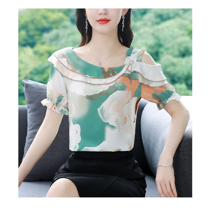 Sommer Neues Koreanisches Stil Chiffon Hemd Kurzärmelige Bluse Bedruckt Mode Locker Blumen Top