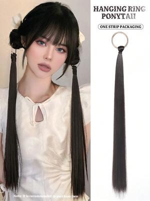Synthetic Hanging Ring Ponytail Long Straight Hair 22inch New Chinese Style Wig Female Chinese Style Headdress Double Ponytail Black Wig Braid