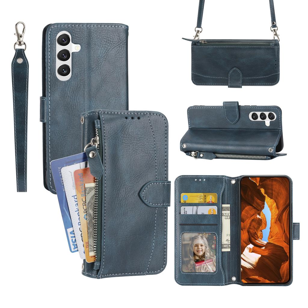 For Samsung Galaxy A57 5G Case Zipper Pocket Leather Phone Cover with Crossbody Shoulder Strap