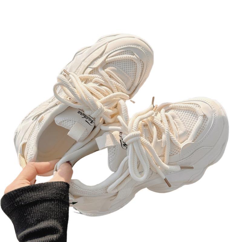 Chaussures de Papa Fille 2025 Printemps et Été Nouvelles Chaussures en Maille Respirante avec Pantalon à Jambe Large Chaussures Blanches à Plateforme Baskets