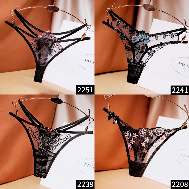 [Free Shipping] 2/4 Independent Packs, Black Embroidered Sexy Thong Female Sentiment Perspective Hot Underwear Thin