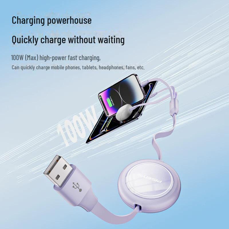 PISEN 3-in-1 Retractable Fast Charging Cable for Apple, Huawei, and Type-C Devices.