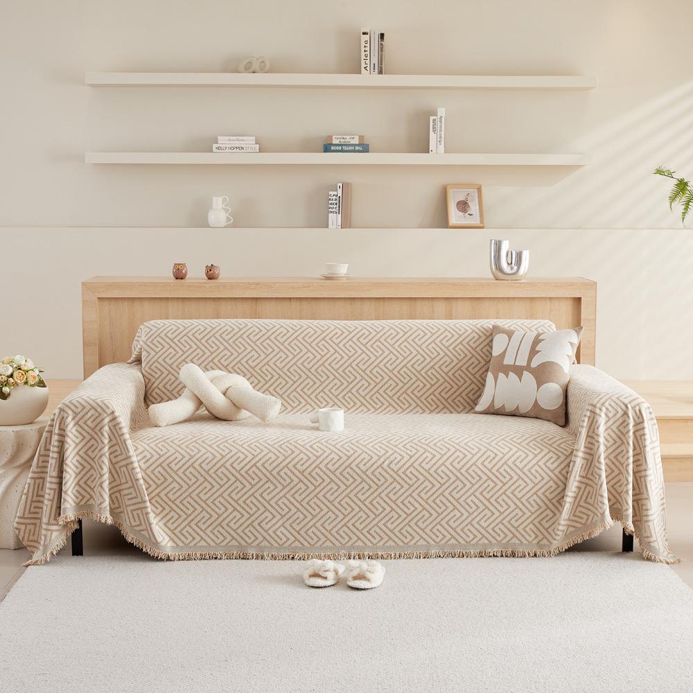 Simple Line Pattern Sofa Towel Cover, Reversible Chenille Sofa Cover, Living Room 3-Seater Sofa Cover Four Seasons Universal