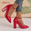 Aphixta 10cm 7cm Tacones Gruesos Zapatos de Salón para Mujer Hebilla Pimp Correa al Tobillo Zapatos Ocio Rojo Charol Talla Grande 35-50