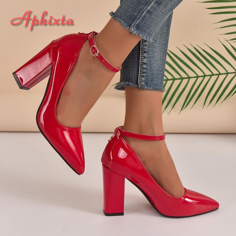 Aphixta 10cm 7cm Tacones Gruesos Zapatos de Salón para Mujer Hebilla Pimp Correa al Tobillo Zapatos Ocio Rojo Charol Talla Grande 35-50