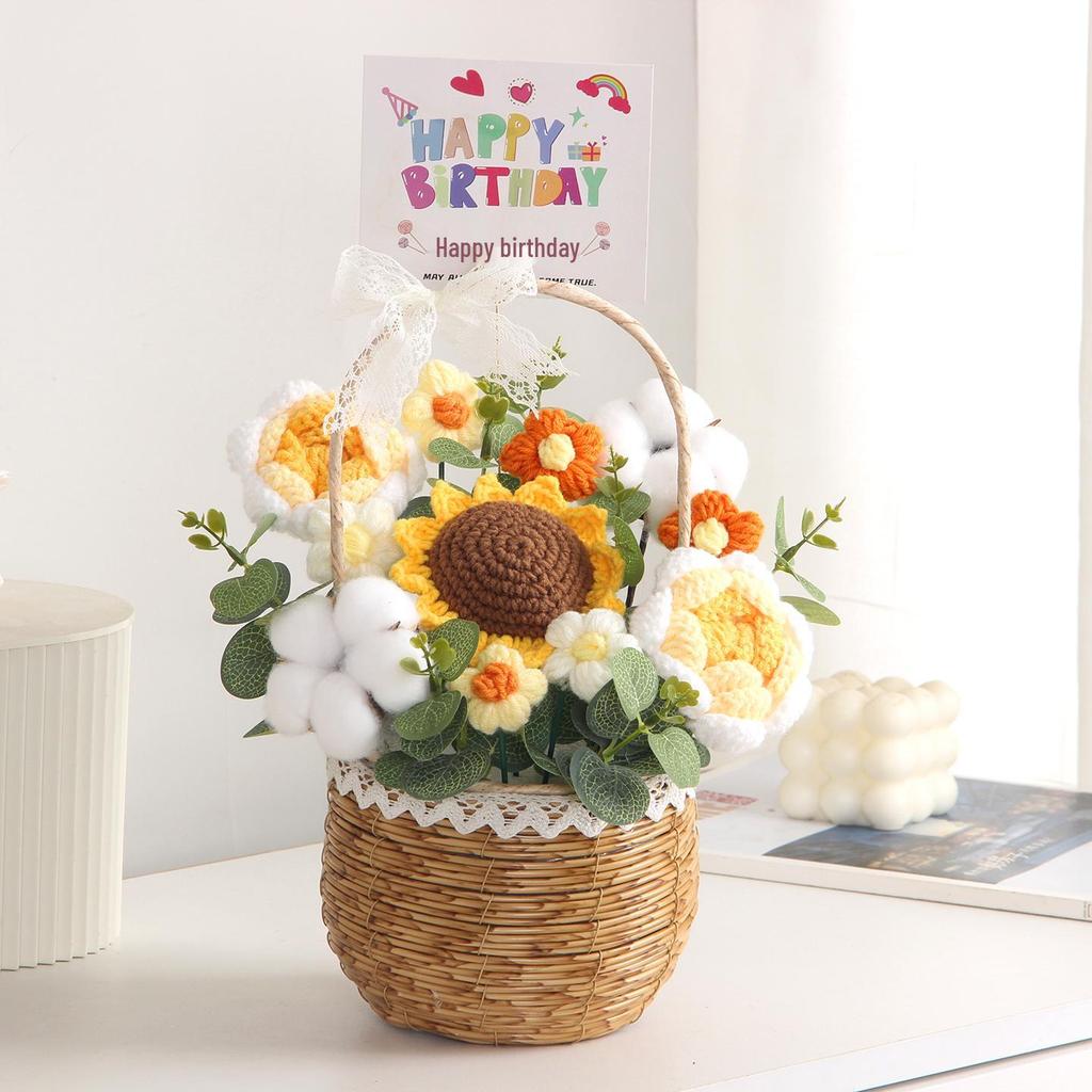 Sonnenblumen Gestrickter Wollstrauß in Handkorb - Geburtstag, Feiertag, Lehrertag, Abschlussgeschenk
