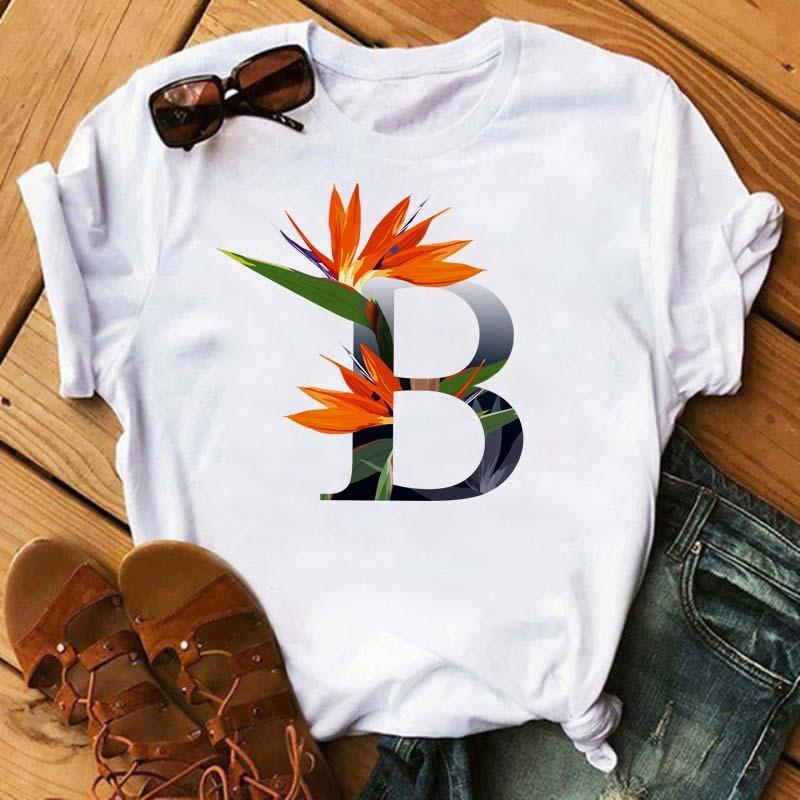 Womens Short Sleeved Tshirt with Floral Letter Print Top with Floral Pattern Casual Natural and Fashionable Daily WhiteTshirt