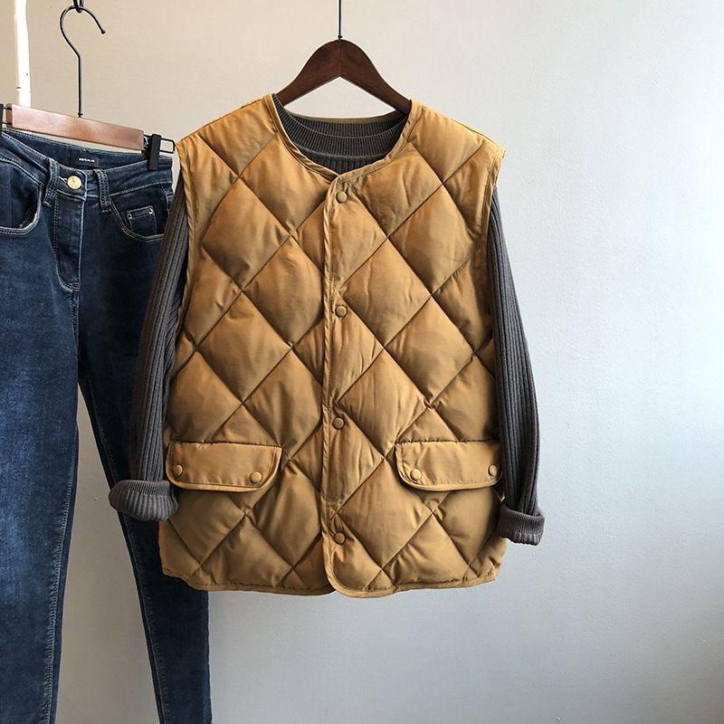 Autumn Winter Women's Quilted Cotton Vest Sleeveless O-neck Loose Padded Waistvest Single Breasted Casual Ultralight Portable Vest