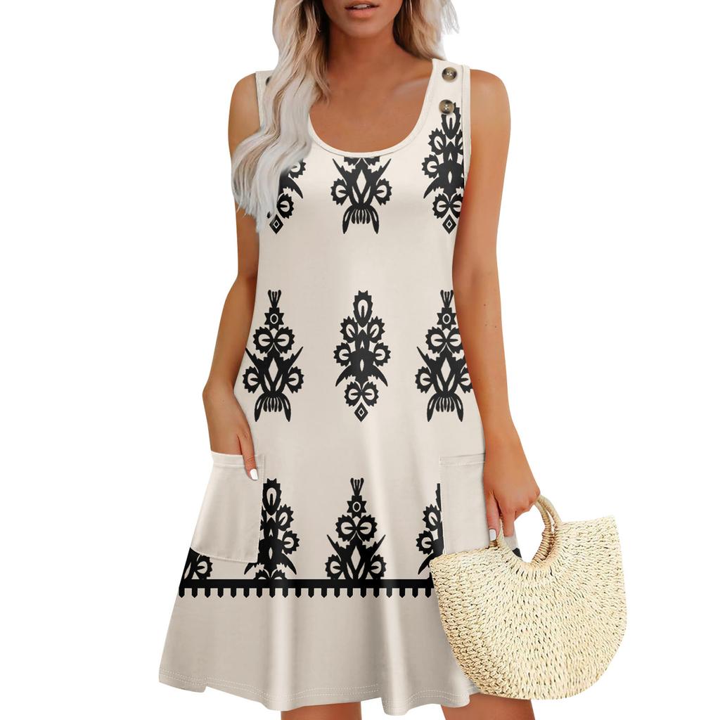 Summer Dresses For Women Beach Boho Sleeveless Printing Flowy Pocket Tshirt Tank Sundresses