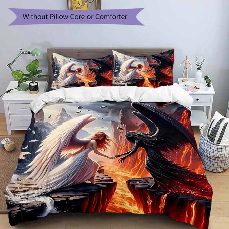 3pcs Angel vs Devil Fantasy Art Print, One Quilt Cover and Two Pillowcases (No Core), Anime Cartoon Design for Bedding Set, Home Decor, Gift