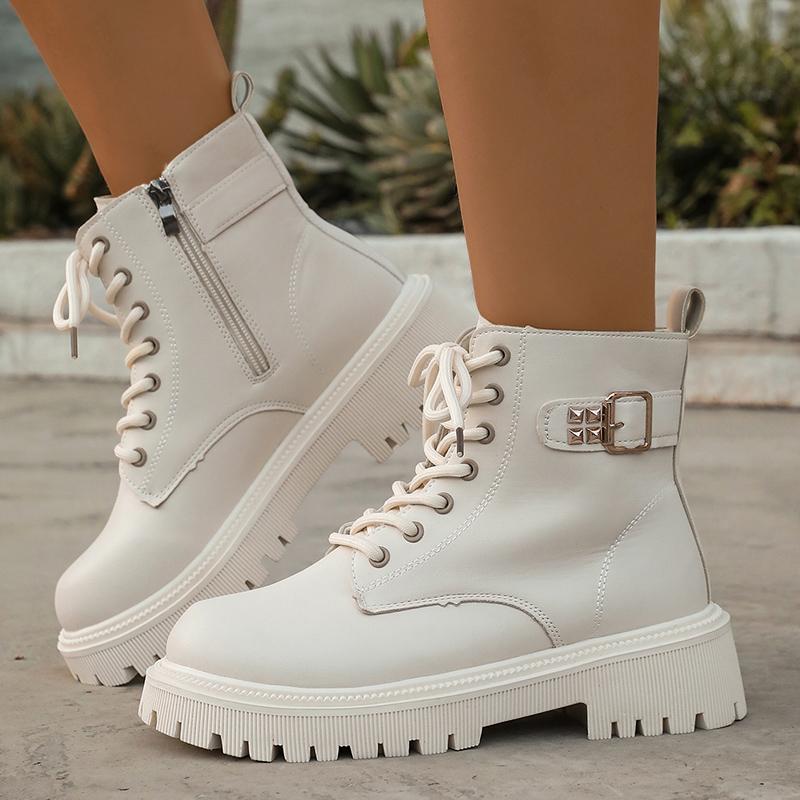 Fashion Black PU Leather Ankle Boots for Women 2025 Autumn Winter Warm Short Plush Booties Woman Fashion Buckle Platform Combat Boots