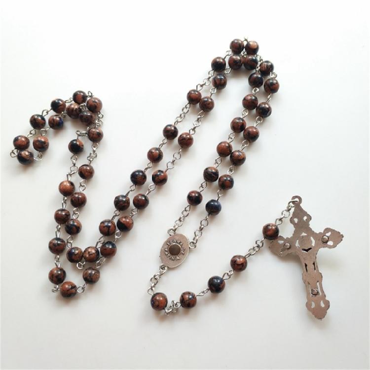 Rosary Crucifix Cross Necklace Natural Flower Sand Beads Catholic Jewelry Gift