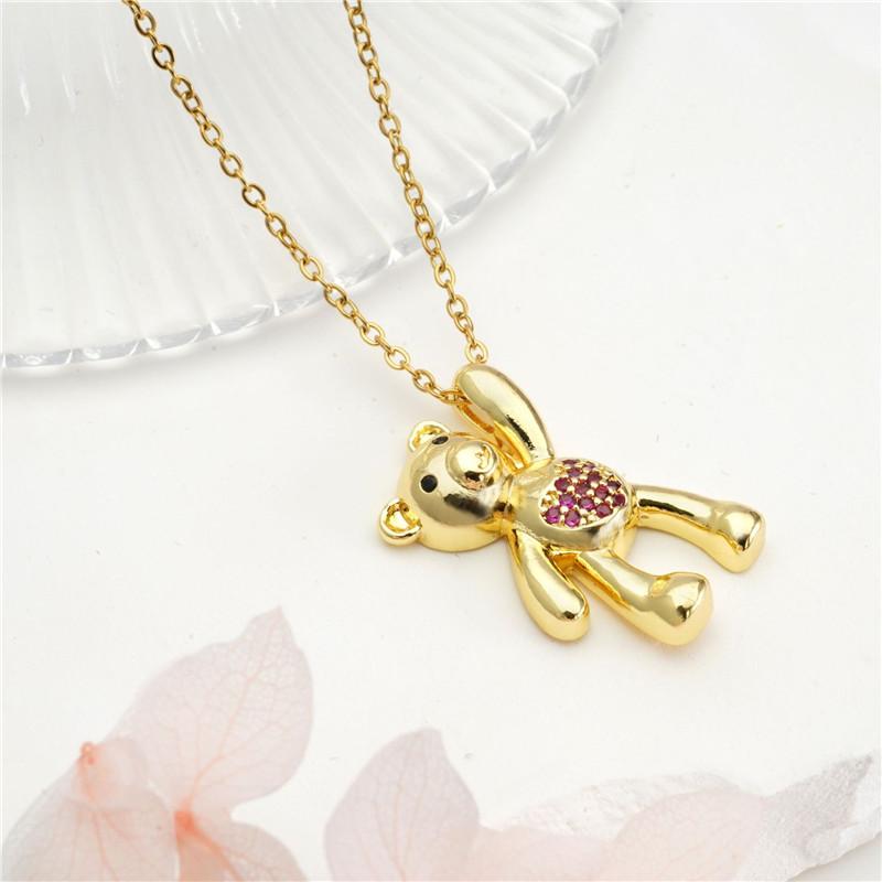 Cute Cartoon Bear Zircon Pendant Necklace Stainless Steel Chain High Grade Animal Choker Jewelry Party Gifts For Women Girls