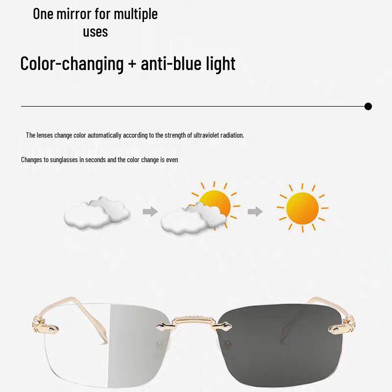 Unisex Rimless Photochromic Glasses: Anti-Blue Light, Plano Lenses, High-Definition Eye Protection for Middle-Aged & Elderly Readers.