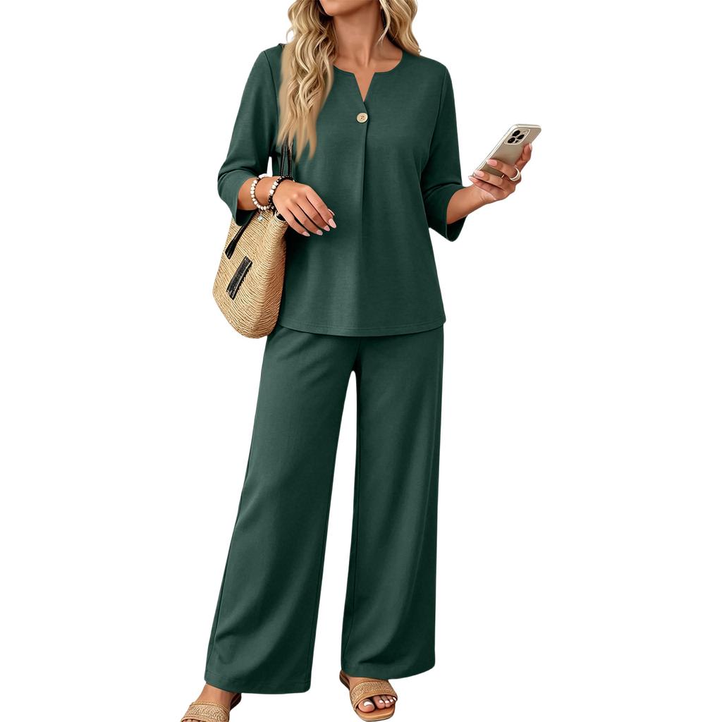 Women's 2-Piece Outfit Set Button Down 3/4 Sleeve Top and Wide Leg Pants Color Casual Matching Set for Everyday Wear