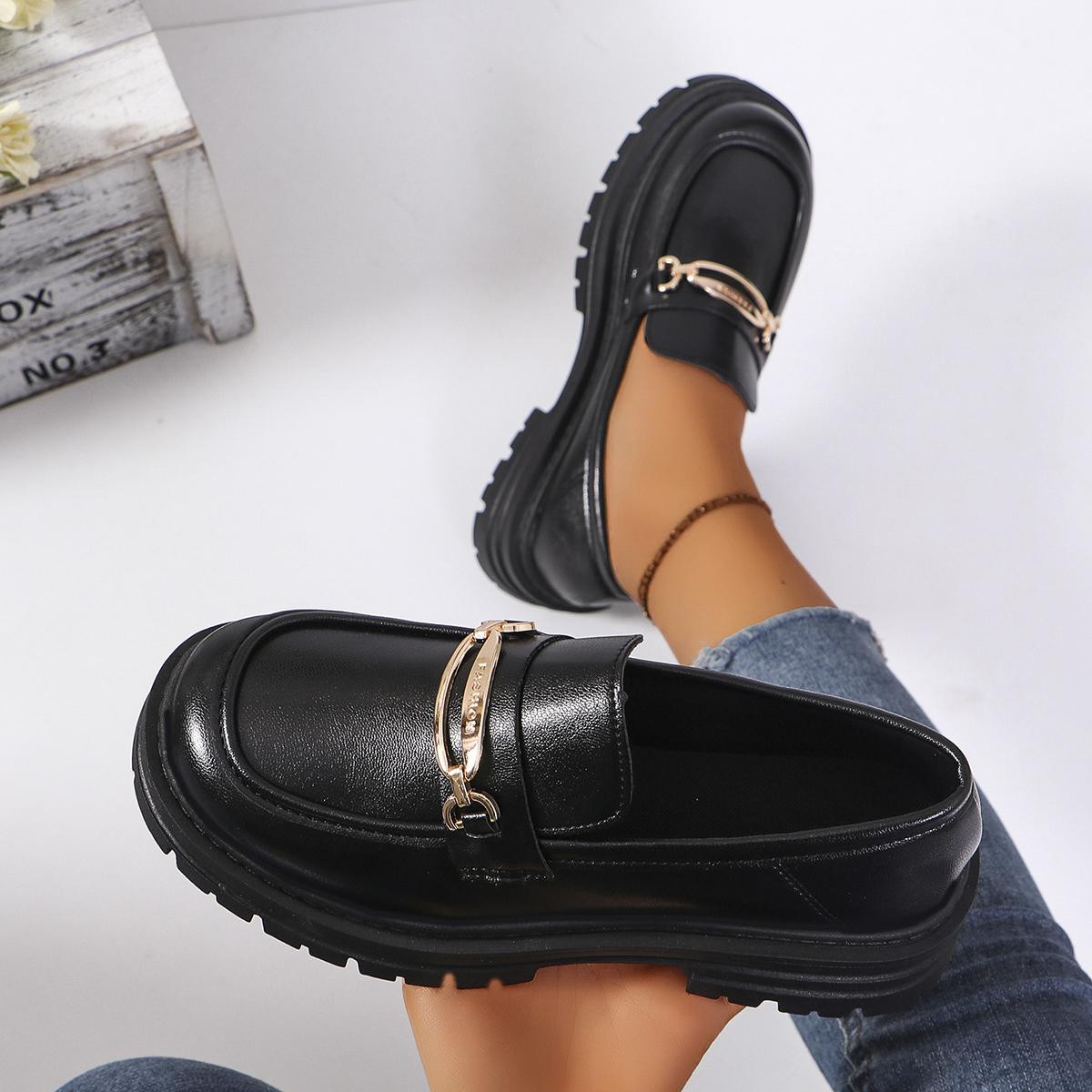 

Модные женские туфли-лодочки с круглым носком и низким каблуком для женщин, офисные туфли для женщин, нескользящие туфли с металлическими украшениями, туфли-лоферы на платформе 43