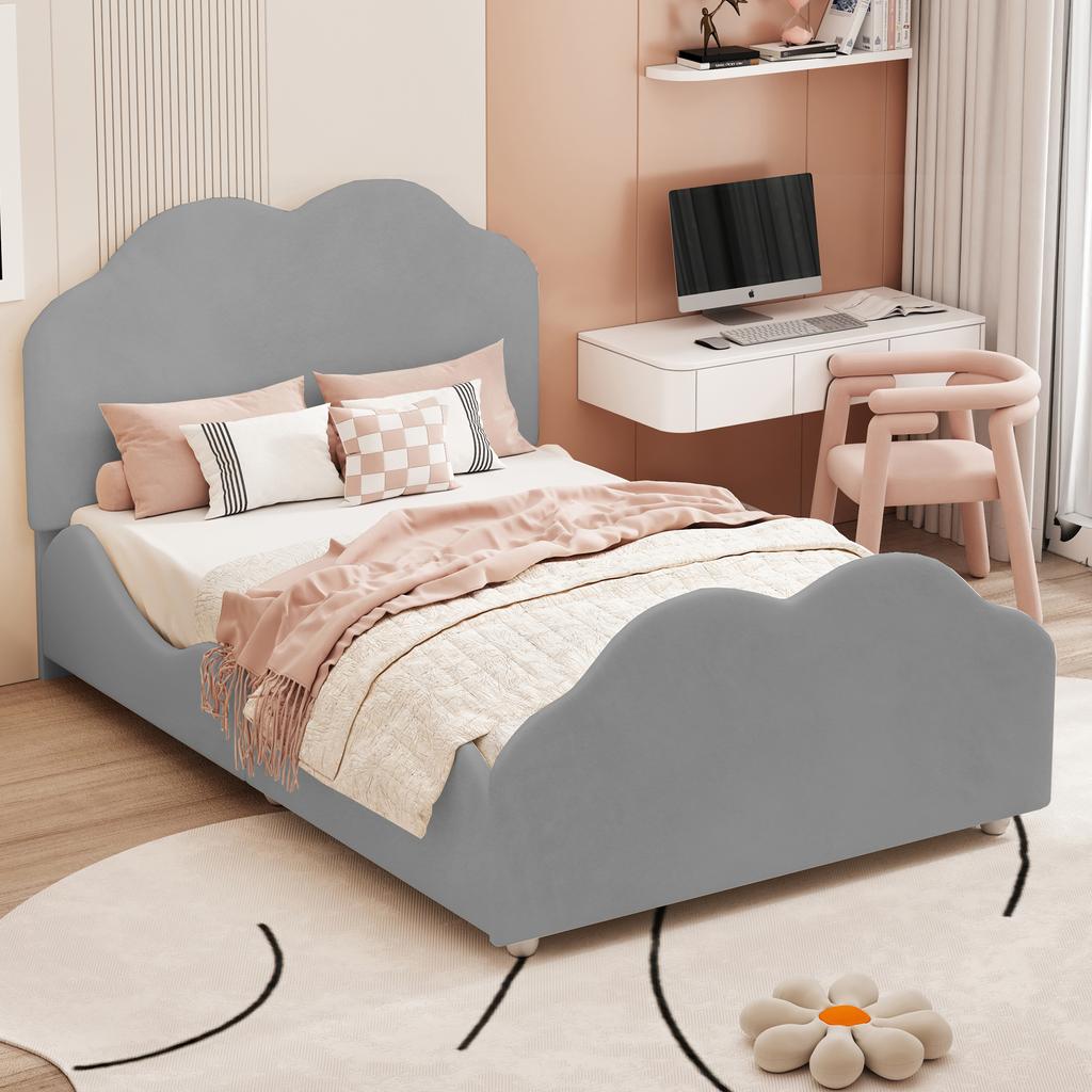 Upholstered Bed Kids Bed 90 x 200 cm High Railing Kids Bed Frame with Cloud-Shaped Headboard and Footboard. Single Bed in Skin-Friendly Velvet Grey