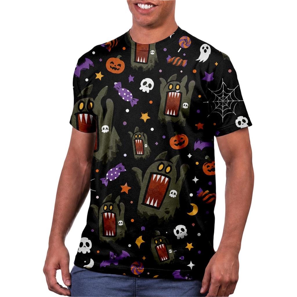 Halloween All Over Print T Shirt, Cute Pumpkin Graphic Tee for Women Men