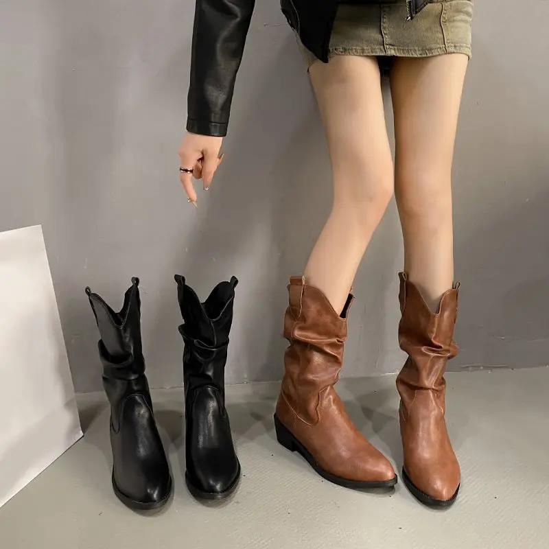 Women's Boots Winter  Fashion Casual Low Heel Non Slip Comfort Waterproof Pleated Leather Boots Cold Resistant Fashion Boots