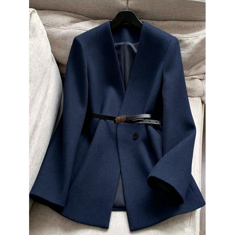 Womens Stand Collar Waist-Cinched Mid-Length Coat With Lining Elegant Office Wear 2026