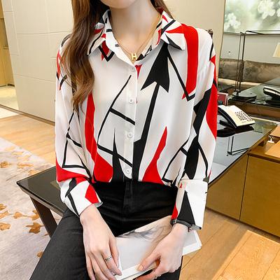 New Women Chiffon Shirt Geometric Printed Straight Blouses Office Lady Oversized Yellow Green Red Top