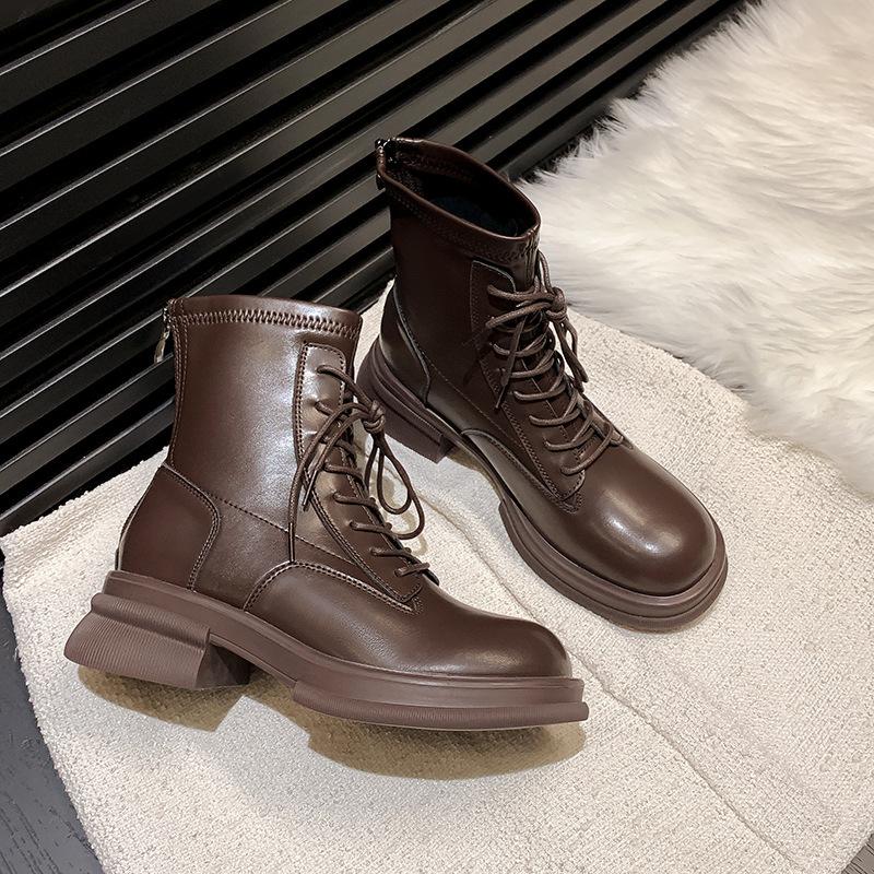 New thick-soled Martin boots with heightened elasticity and thin boots for women's thick-heeled lace-up short boots and velvet women's boots