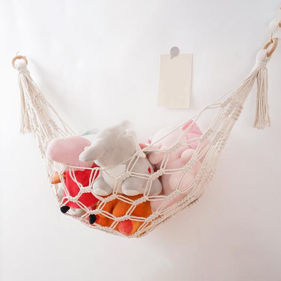 Woven Cotton Toy Net, Boho Wall Hanging Organizer, Handmade Storage Hammock for Stuffed Animals, Kids Room Nursery Decor