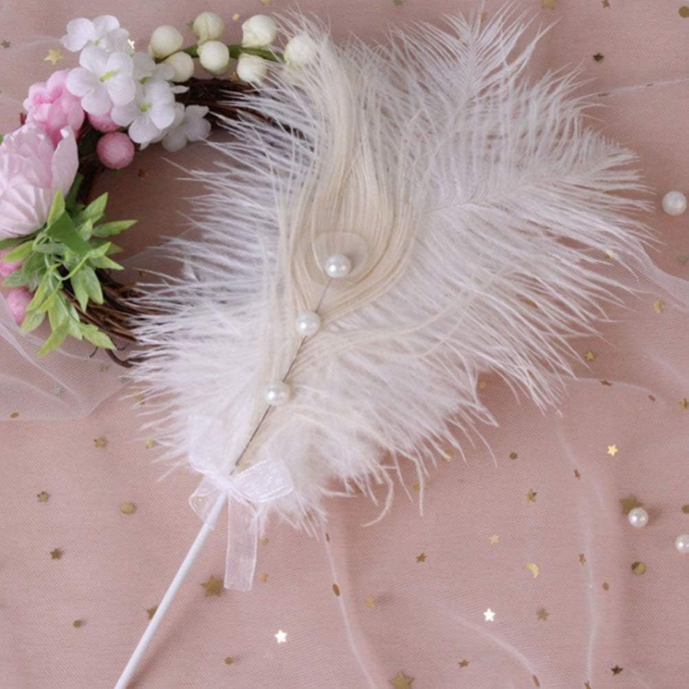 2pcs Plumage Cake Topper with Pearl Romantic Aesthetic Ostrich Plumage Feathered Cake Decorartion for Birthday Wedding