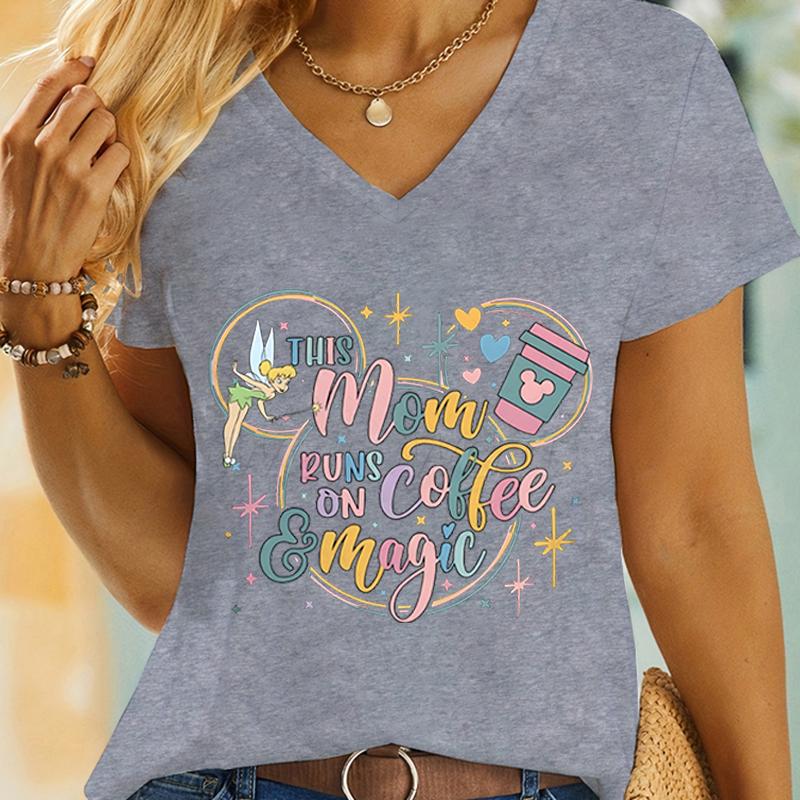 Coffee Lover Gift Tshirt This Mom Runs on Coffee and Magic Graphic T Shirts Women Mouse Ears Cute Coffee Mom Vneck Casual Tops S