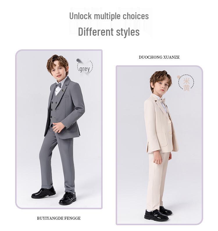 Boys' Solid Color Tuxedo Suit - Spring/Autumn British Style Blazer and Piano Performance Set